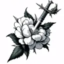 a dagger inside a carnation flower. the carnation is shaped like a heart and wrapped in thorns tattoo design idea