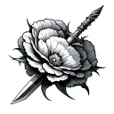 a dagger inside a carnation flower. the carnation is shaped like a heart and wrapped in thorns tattoo design idea