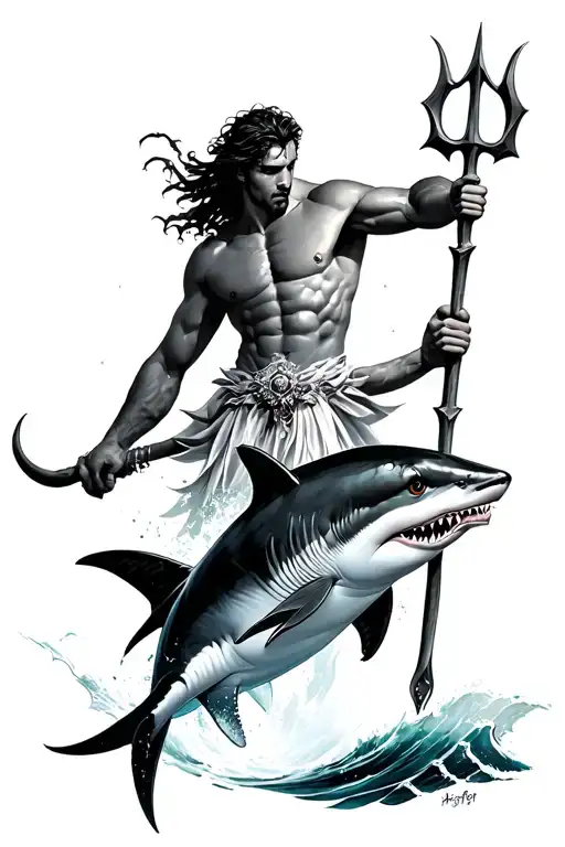 Poseidon holding a trident ve shark jumping dolphin geometric tattoo design idea