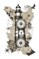 lighthouse infront of old map and compass  tattoo design idea