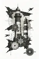 lighthouse infront of old map and compass  tattoo design idea