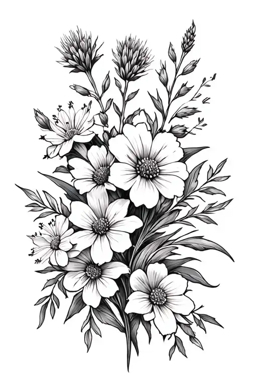 western wildflowers spine tattoo featuring Indian paintbrush, larkspur, foxglove tattoo design idea
