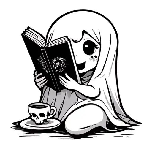 minimalistic cute little feminine ghost holding a dark romance book. a little cup of coffee nearby and a little skull  tattoo design idea