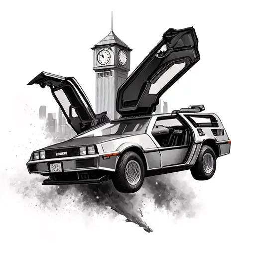 back to the future delorean with clock tower flying through time tattoo design idea
