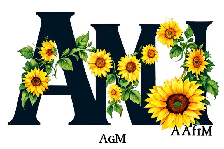 "AgM AfM AhM" infinity symbol intertwined with sunflowers and my daughter's intials tattoo design idea