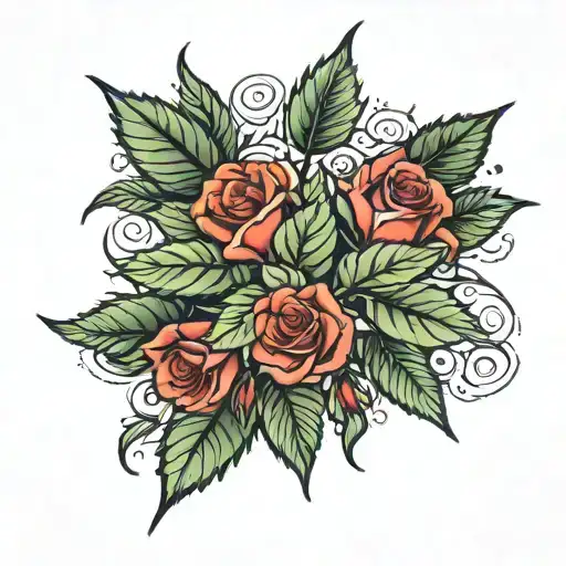 weed leaf with roses around it tattoo design idea
