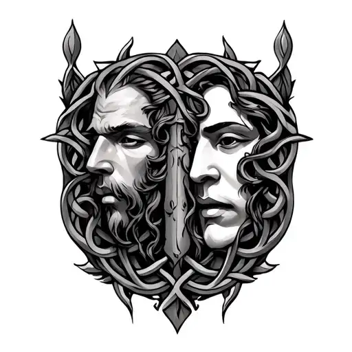 Celtic knot shield with faces merged together tattoo design idea