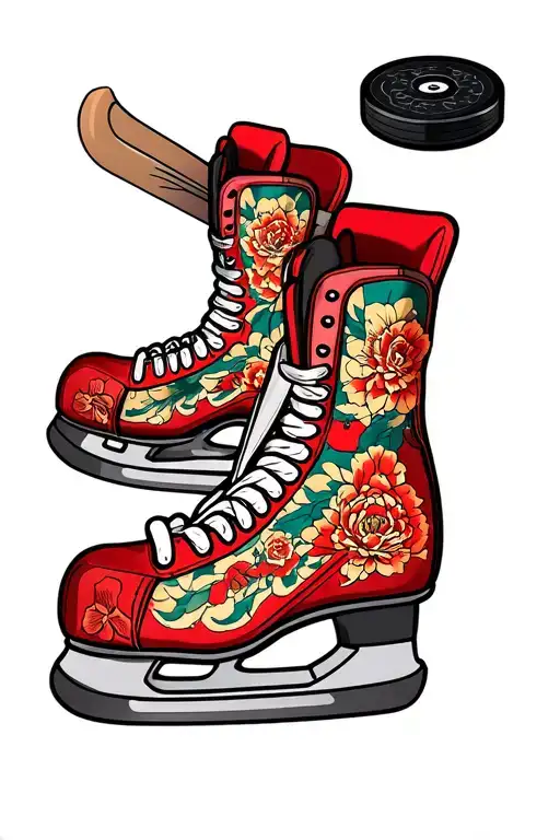 ice hockey skates, with hockey stick and puck morphing tattoo design idea