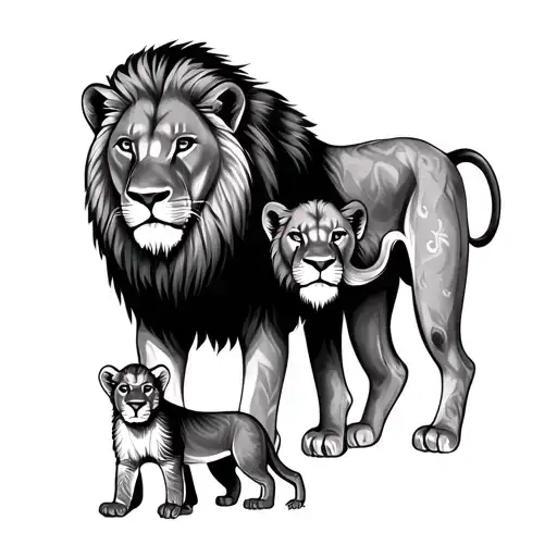 lion family with dad, mom, 2 cubs tattoo design idea