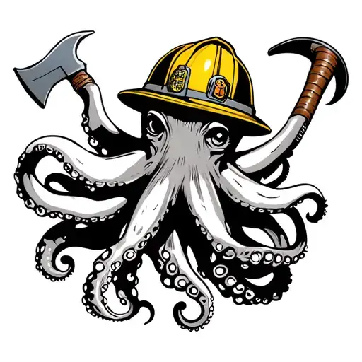 octopus with fireman's helmet holding a halligan and a fireman's axe tattoo design idea