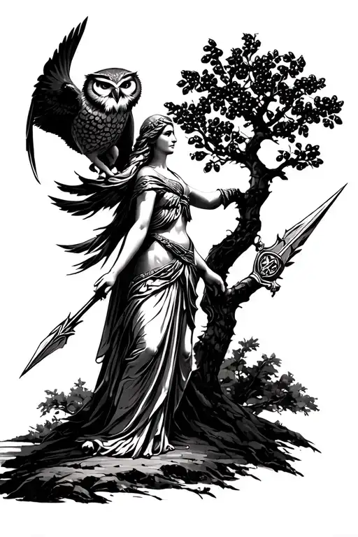 Athena greek goddess, with a owl, spear and olive tree. in black and white, tattoo design idea