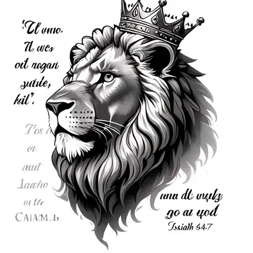 lion with crown Bible quote Isaiah 54:17 tattoo design idea
