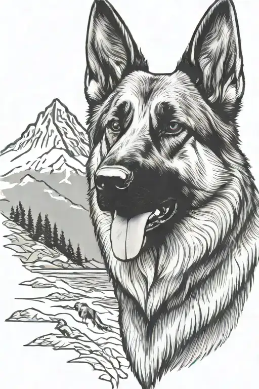 German shepherd saying "diabetes" American flag mountain scene tattoo design idea