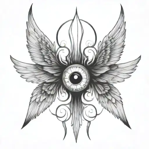 seraphim, 6 large burnt wings, demon eye in the centre, gothic tattoo design idea