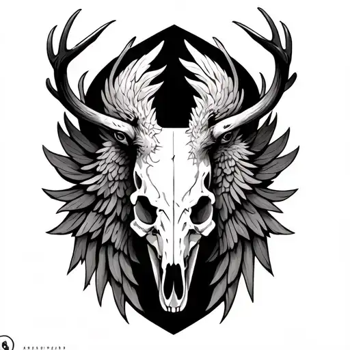 Deer Skull and phoenix bird tattoo design idea