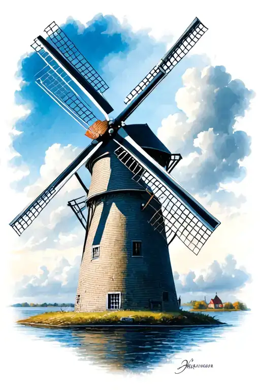 dutch, windmill blue and white, staint christopher  tattoo design idea