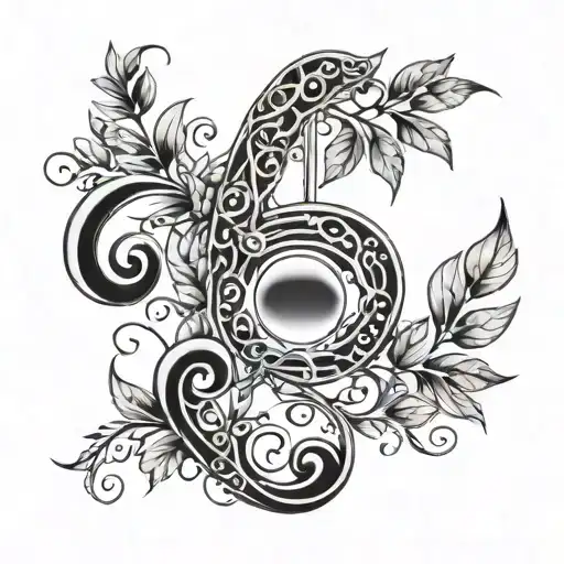 leaf vine wrapping with music notes and moon hanging with semi colon  tattoo design idea