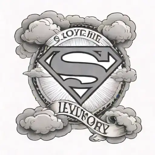 superman logo with clouds around it and words saying in loving memory  tattoo design idea
