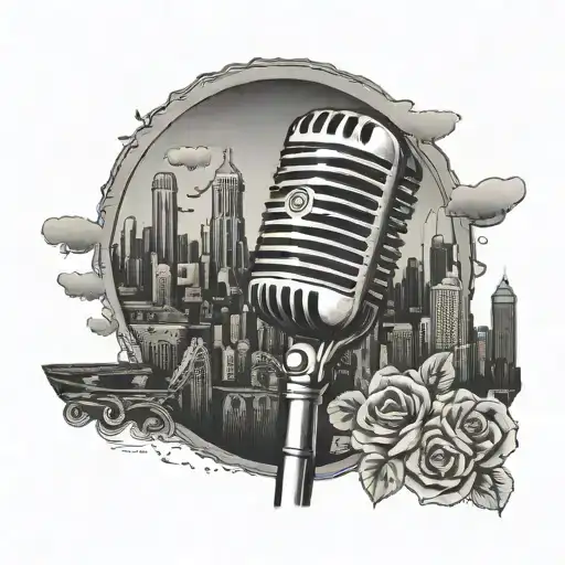 A tattoo design featuring a vintage microphone with the skyline of Nashville in the background, combining your love for music and your favorite city tattoo design idea