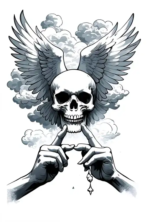 Dove in the clouds with two hands pointing together with a fleming skull blow it tattoo design idea