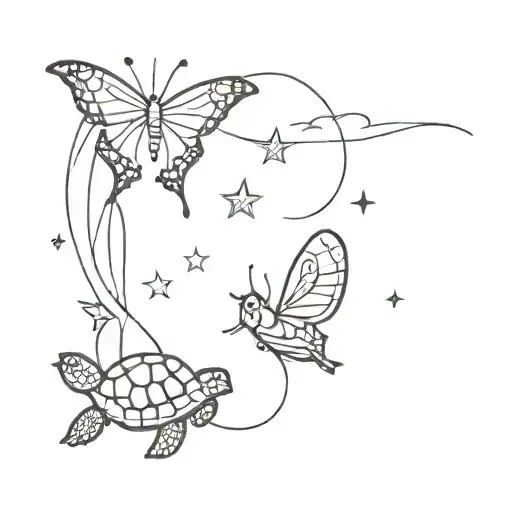 butterfly and turtle under night sky tattoo design idea