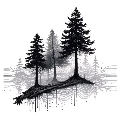 trees and audio waves intertwined a forest tattoo design idea