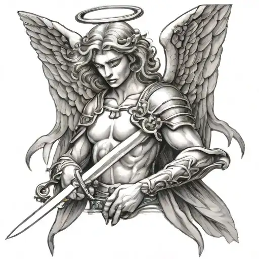 angel looking down with a sword in hands holding tattoo design idea