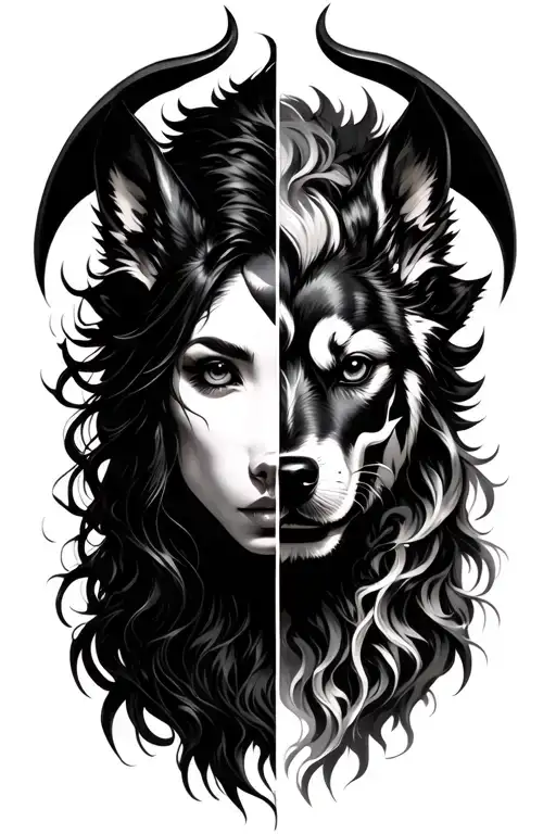 Split oni mask with dogs. The result will be a half mythical beast split with a woman in the middle tattoo design idea