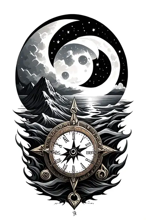 sun, moon, ocean, fire, mountains, clock, compass tattoo design idea