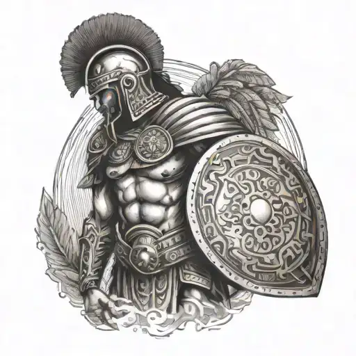 A dotwork tattoo of a Greek warrior in full armor holding a shield with Roman numerals inscribed on it tattoo design idea