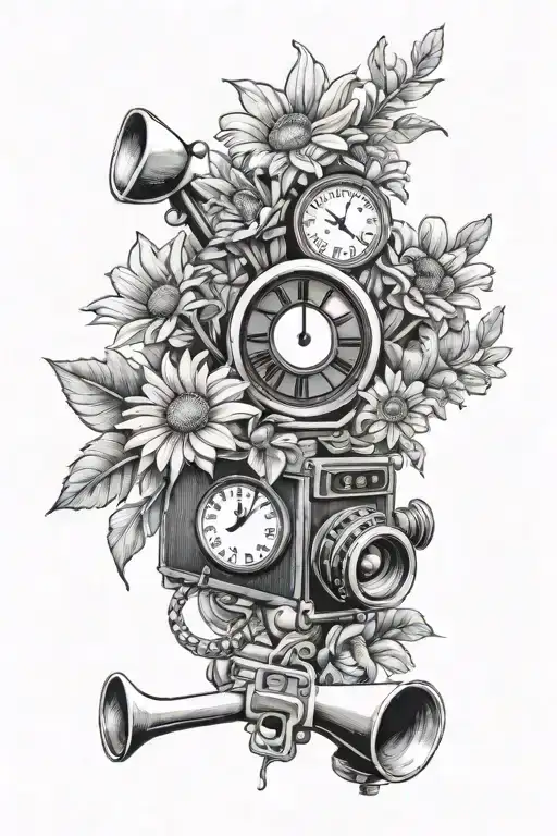 daisy bouquet, time clock, trumpet, film camera tattoo design idea
