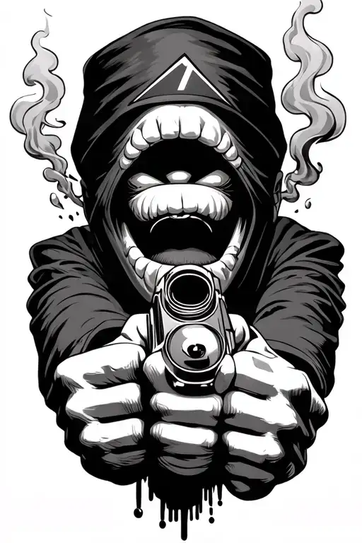 mouth with smoke, masked man holding gun the words LOVE across knuckles, eye with triangle around it tattoo design idea