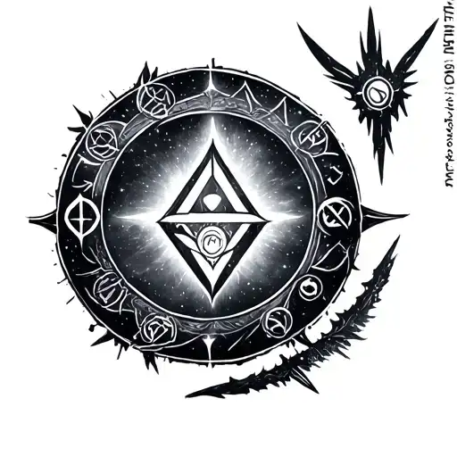 Create a round tattoo with galaxy and illuminati signs in Vikings style tattoo design idea