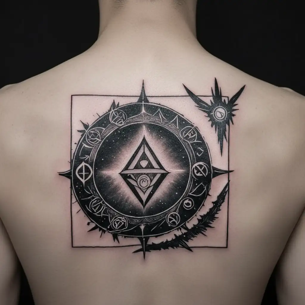 Create a round tattoo with galaxy and illuminati signs in Vikings style tattoo design idea