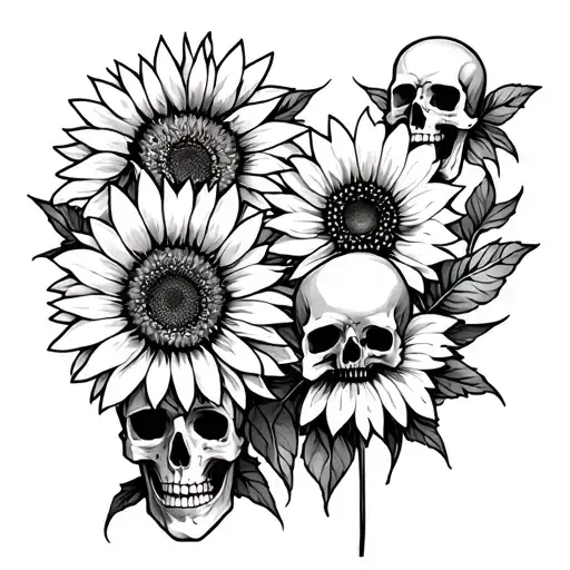 Line work spine tattoo with aster and sunflower and a few skulls tattoo design idea