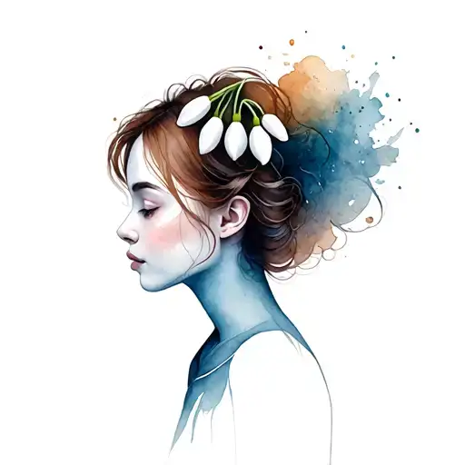 woman with long brown hair and open snowdrop flower on the head tattoo design idea
