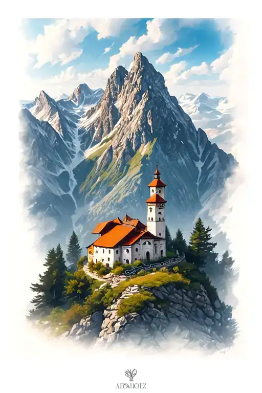 romanian mountain range and monastery tattoo design idea