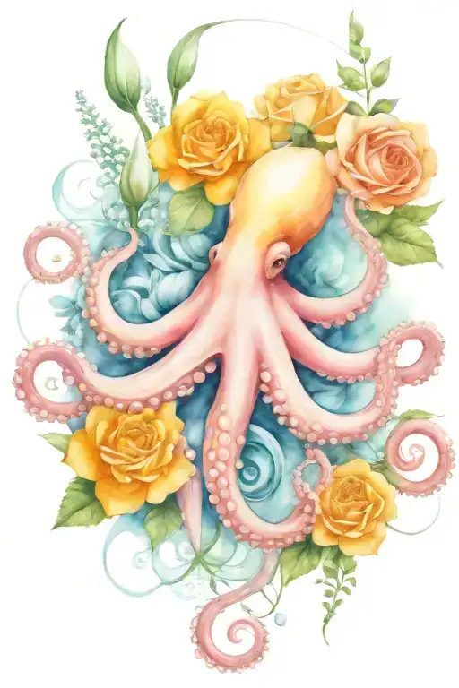 octopus, snowdrop, rose,  marigold flower tattoo design idea