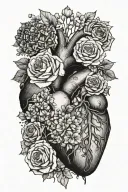 birth flower bouquet with May, August, October, November, February flowers with anatomical heart tattoo design idea
