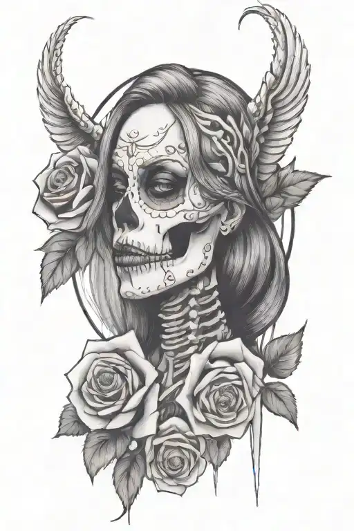 Sleeve tattoo design in neo-traditional style, girl with skeleton jaw and roses tattoo design idea