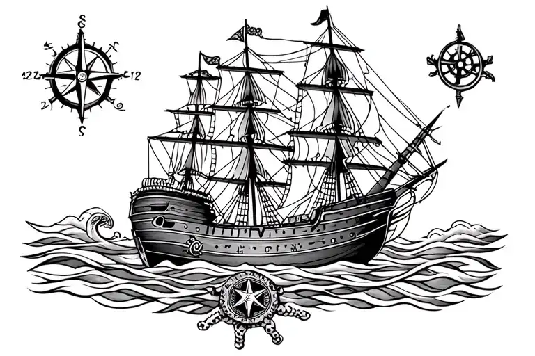 pirate ship with kraken, compass rose, map linework, and steraring wheel tattoo design idea