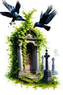 graveyard scene, green overgrown ivy vines,crows perched , nighttime , mausoleum tattoo design idea