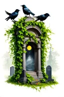 graveyard scene, green overgrown ivy vines,crows perched , nighttime , mausoleum tattoo design idea