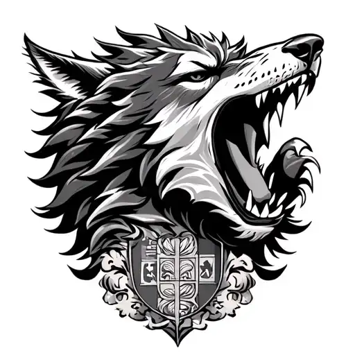 Fusion between a very nasty wolf open mouth and the coat of arms of Portugal, fusion of the image tattoo design idea