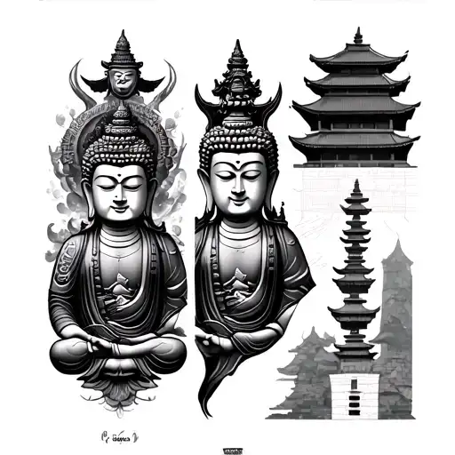 leg sleeve with Buddha, samurai, and temple tattoo design idea