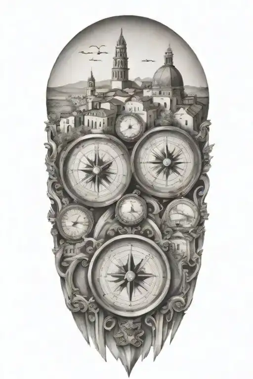 travel inspired tattoo with edges that fade softly, featuring two compasses and italian and greek inspired buildings tattoo design idea