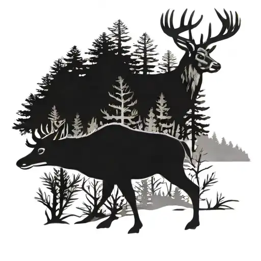 deer, gator, hogs walking through pines tattoo design idea