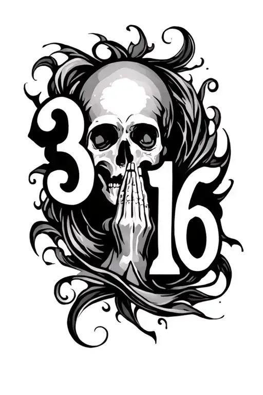 a black and white piece with the number 316 and praying surrounded by swirls sunlight beams  tattoo design idea