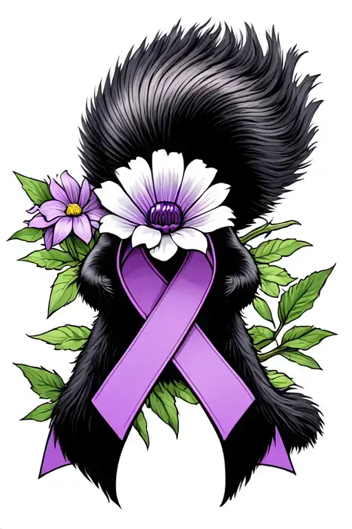 skunk, flower, cancer ribbon, color purple tattoo design idea