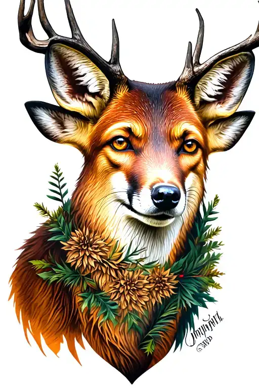 Realistic tattoo on the theme of hunting. Forest animals: deer, deer fox boar dog Chasseress tattoo design idea
